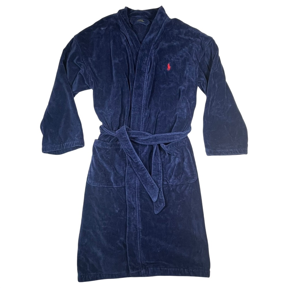 Polo Ralph Lauren Terry Cloth Belted Bathrobe Men's S/M Navy Blue Pony Logo - Picture 4 of 14